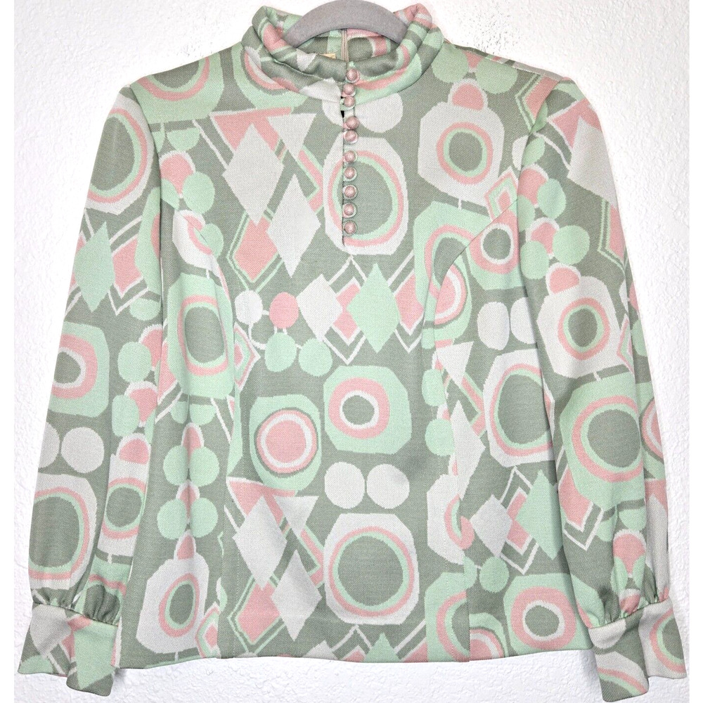 Vintage 60s 70s Blouse 4 Pastel Mint Pink Geometric Retro Print Top Regency Deco